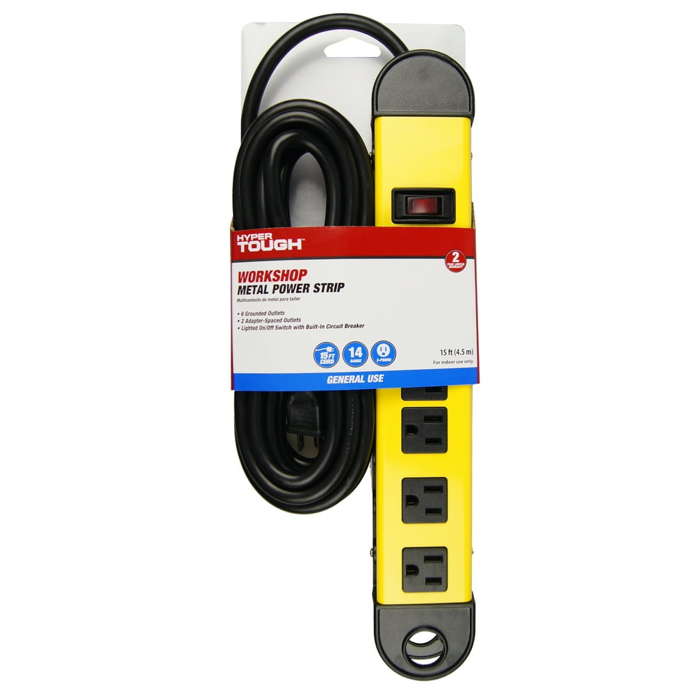 Hyper Tough 6 Outlet 15ft Metal Power Strip Yellow
