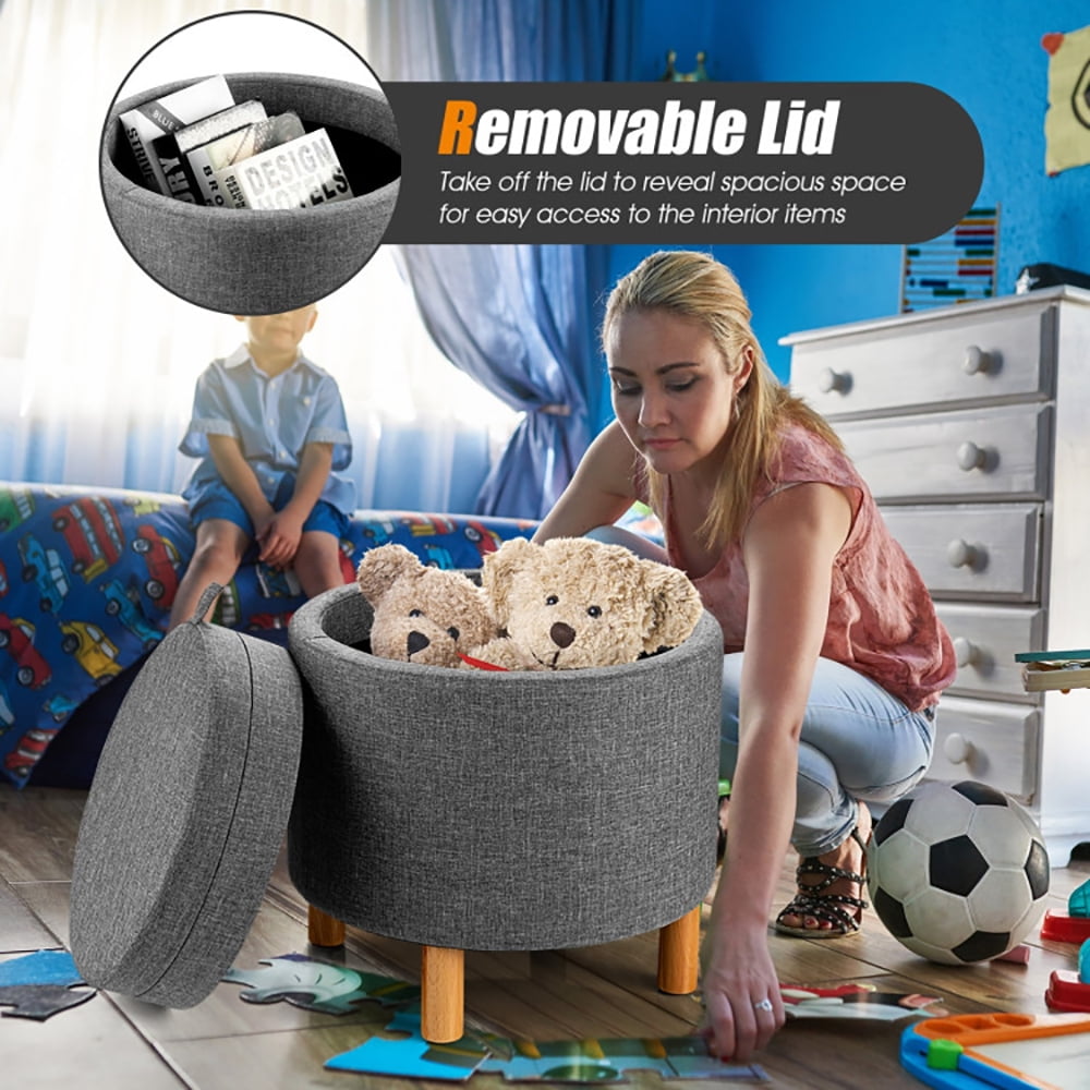 Finihen Round Fabric Storage Ottoman, Footrest Stool, Vanity Chair, Storage Ottoman with Tray and Non-Slip Pads, for Living Room, Bedroom, Gray Finihen Round Fabric Storage Ottoman, Footrest Stool, Vanity Chair, Storage Ottoman with Tray and Non-Slip Pads, for Living Room, Bedroom, Gray