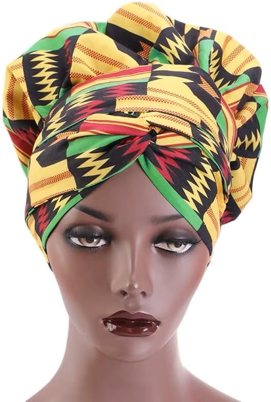 African Print Satin Silk Bonnet – Double-Layer Sleeping Hat With Long Ribbon Wrap, Ankara Design, Large Size Hair Cover For Ultimate Comfort Yellow