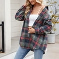 thumbnail image 5 of Women Plaid Shacket Jacket Trendy Fall Casual Button Wool Tartan Trench Coat Winter Clothing with Pockets Navy,L, 5 of 6