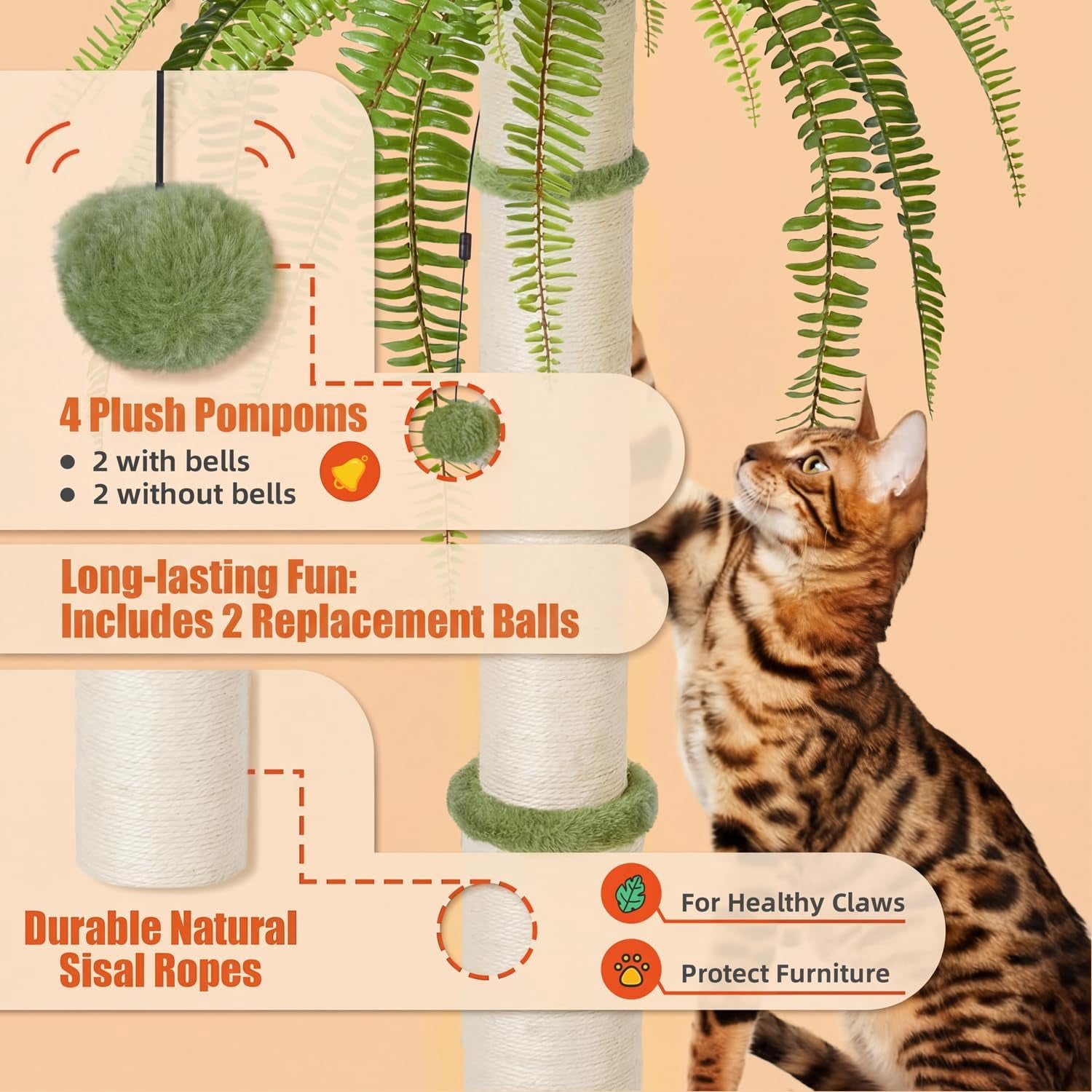 42 Inch Tall Palm Tree  Scratching Post - Heavy Duty  Sisal Rope Vertical Pole with Dangling Ball for Large Cats