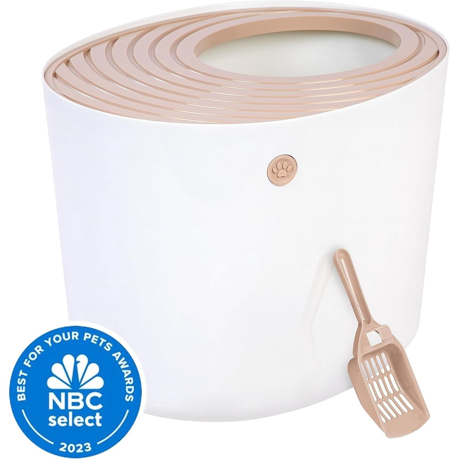 Cat Litter Box Large Top Entry with Lid Enclosed Covered Hooded Design Litter Catching Scatter Shield Pan Dog Proof Pet Proof Scoop Included Odor Control for Indoor Cats Kittens Beige/White