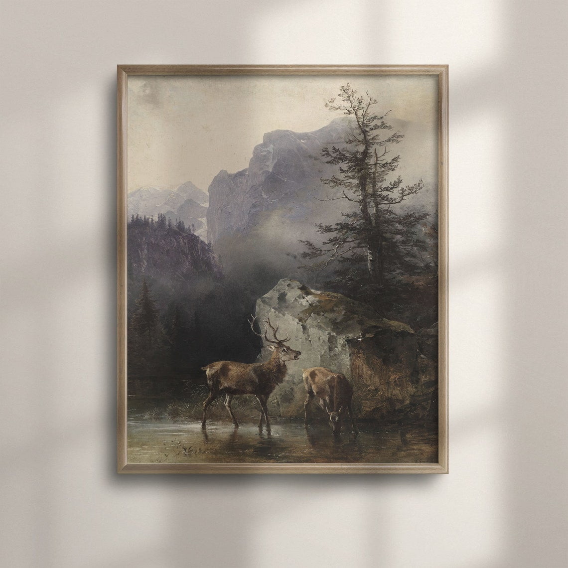 Rustic Deer Mountain Landscape Vintage Cabin Wall Art Living Room And Gallery Wall Decor