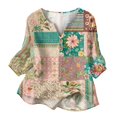 thumbnail image 5 of Women's Patchwork Floral Print 3/4 Sleeve Henley Top - V-Neck Button Tunic Blouse, Loose Fit Boho Casual Summer Shirt for Vacation, Beach, Daily Wear Army Green S, 5 of 6