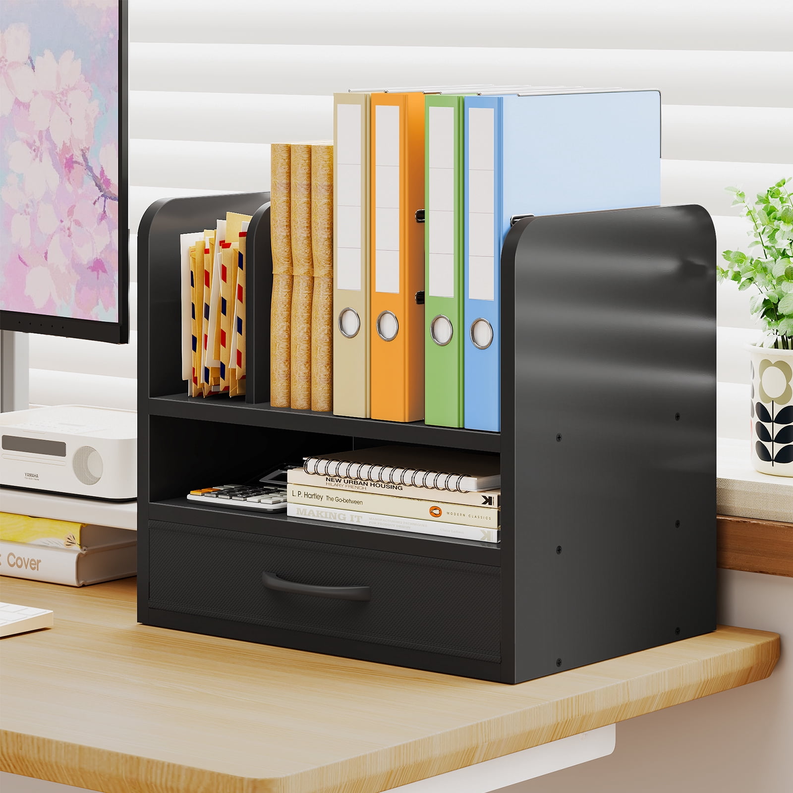 Desk File Organizer for Home, Office, School, Wooden Frame Desktop Storage Solution for Office Supplies, Documents, Papers, Folders and Stationery, Space-Saving and Stylish Document Sorter