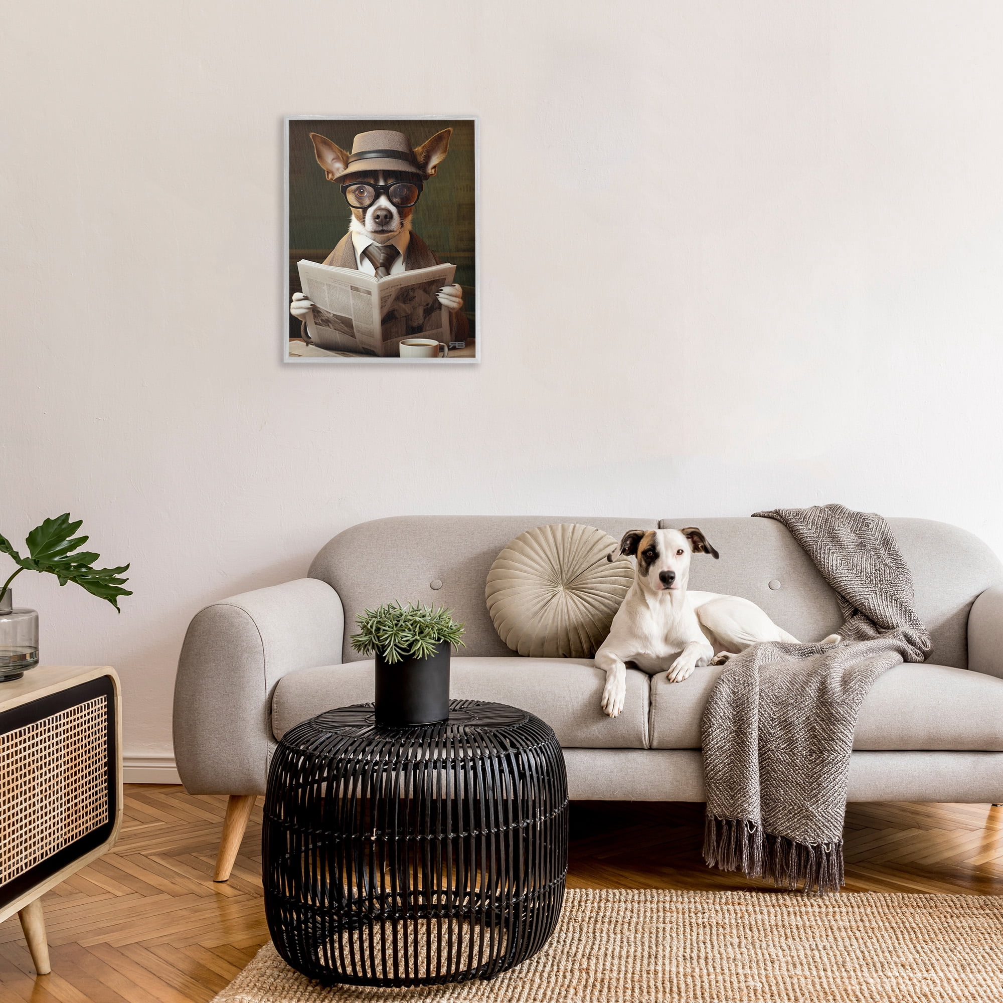 Stupell Industries Classy Dog with Newspaper Animals & Insects Painting Gray Framed Art Print Wall Art, 24 x 30