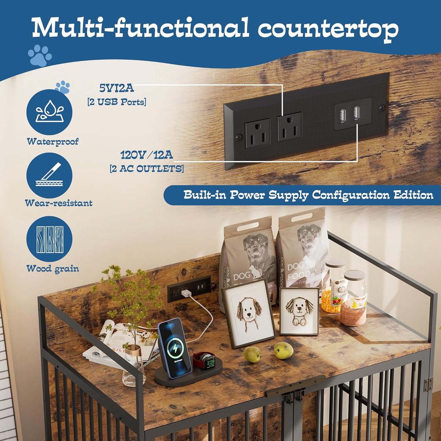 Magic Union 41" Large Dog Crate Furniture, Indoor Dog Kennel with USB Charging Station, Wooden Dogs Crate with 360° Rotating Feeder Bowls and 3 Doors, Medium Dogs Cage for Small/Medium Dogs