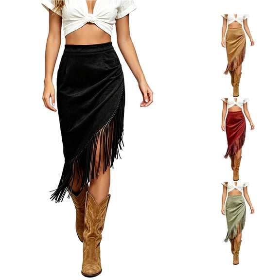 Unir Women Western Long Fringe Wrap Midi Skirt High Waist Soft Suede Irregular Asymmetrical Country Casual Bottom 1PC S-M-L-XL-XXL Plus Size Friendly