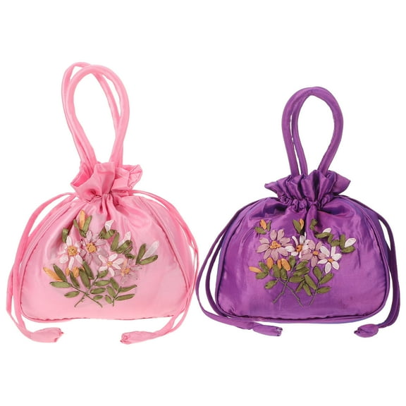 LOLIPPYY 2Pcs Ethnic Embroidered Shoulder Handbag with Drawstring Closure Lightweight Fabric Purse