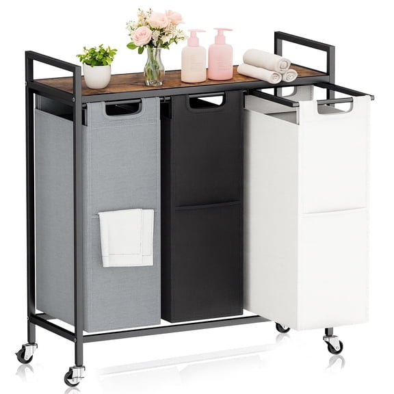 137L/36.2 US gal Laundry Sorter Organizer with Wheels, Rolling Laundry Hamper Laundry Basket Organizer with 3 Section Pull-Out Drawers,Top Shelf and 4 Wheels