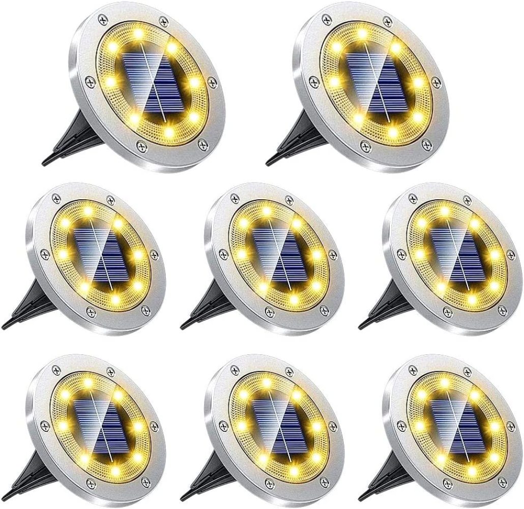 Solar Ground Lights, 8 LED Solar Disk Lights Outdoor 8 Pack, Waterproof InGround Garden