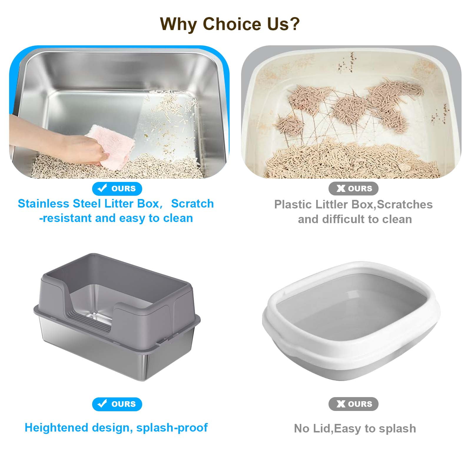 Stainless Steel Cat Litter Box with Lid – Leak-Proof & Scratch-Resistant Litter Box for Large Cats, Includes Anti-Slip Mat & Scoop, Easy to Clean