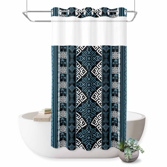 No Hook Shower Curtain, Navy Blue Boho Shower Curtains for Bathroom with See Through Top Window, Geometric Vintage Abstract Art Ethnic Tribe Waterproof & Washable Bath Curtain Small Stall 36"x78"