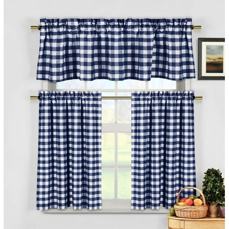 3 Piece Cotton Rich Small Kitchen Window Set: Gingham Check Design, One Valance, Two Tiers 24 IN Long (Navy and