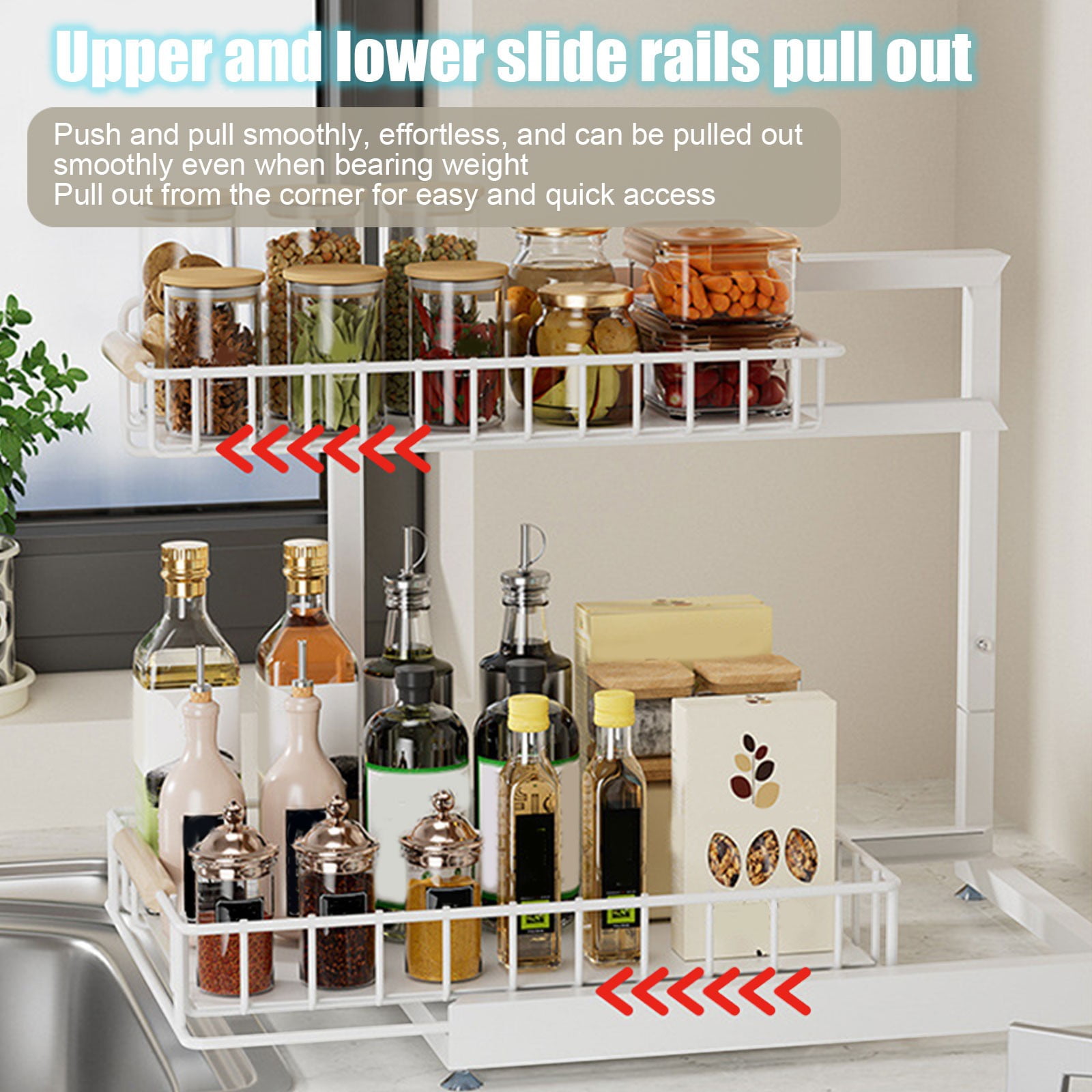 Hxlamzoo Adjustable Under Sink Organizer, Pull-out Kitchen Cabinet Storage Shelf with Durable Alloy, Ventilated Design for Spices, Cleaning Supplies - Easy Access & Space Saving