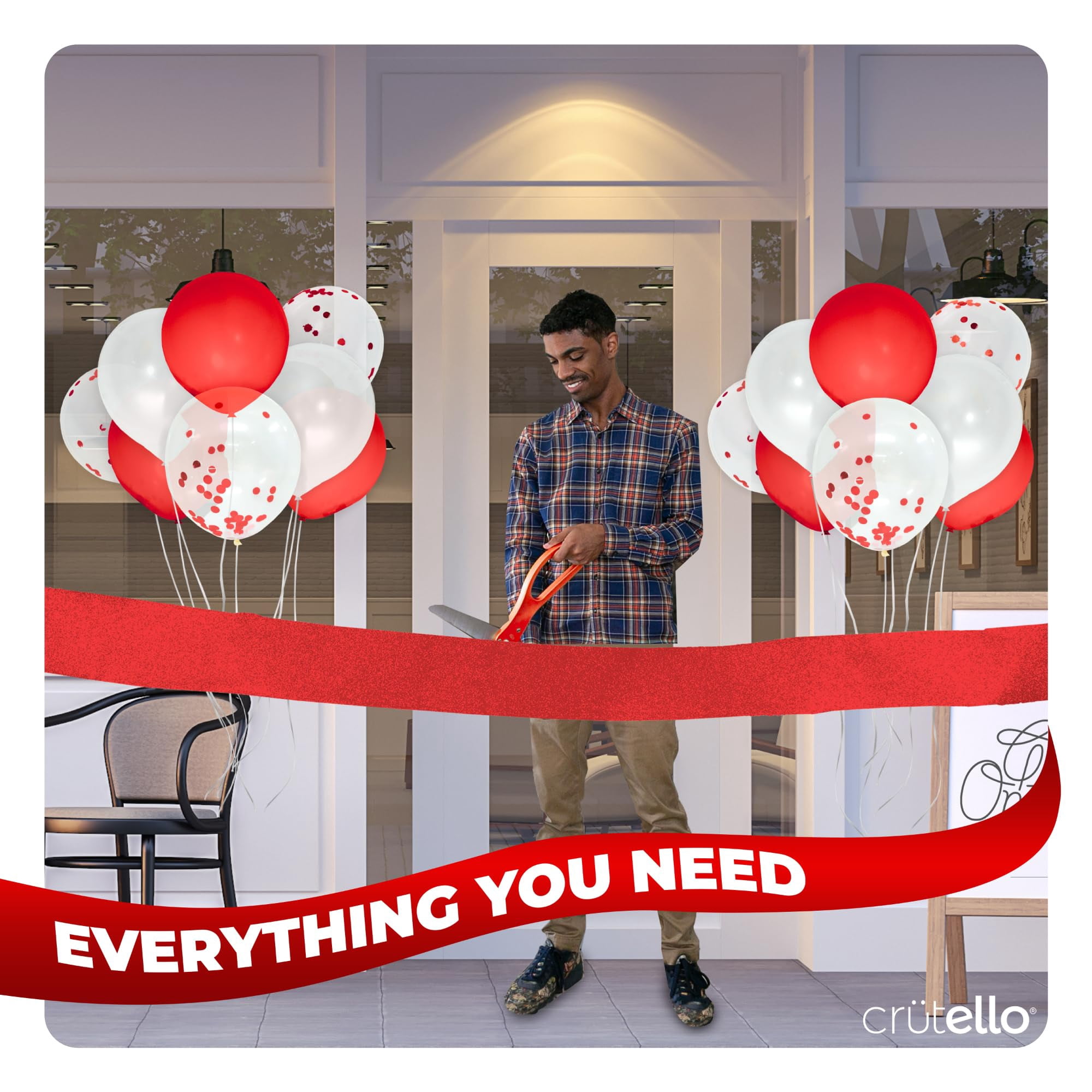 Crutello Ribbon Cutting Ceremony Kit - 20"Giant Scissors with Red Handle, 30ft Sparkle Giant Red Ribbon 4"Wide, 24 Balloons & 90ft Balloon Band for Grand Opening Decorations