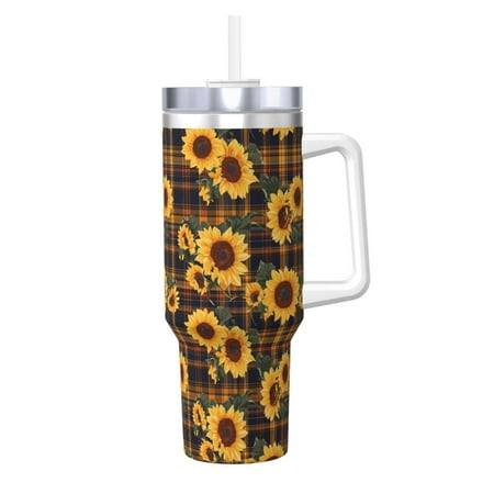

Susaid Brown Blue Plaid Sunflower Print Indoor Outdoor Straw Lid 40oz Ice Bully With Handle Stainless Steel Cup for Home Office and Car