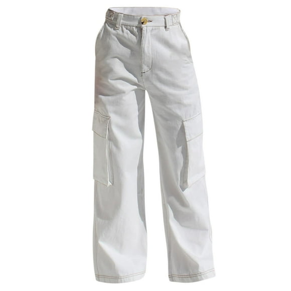 Yubnlvae Cargo Denim Jeans - Women's Multi-Pocket Work Pants, Loose Fit Wide Leg Utility Jeans, Streetwear Oversized Carpenter Pants (White | S)