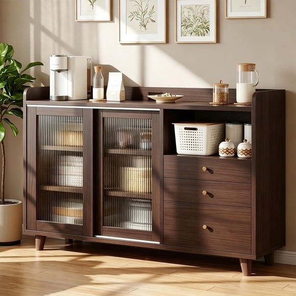 para Cocina, Armario de Cocina, Gabinete de Almacenamiento con 2 Puertas y 3 Cajones, Mueble Aparador para Sala de Estar, Comedor, 100 * 92 * 36cm (Marron Oscuro)
