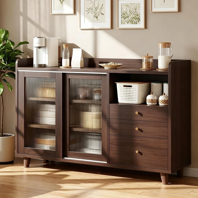 para Cocina, Armario de Cocina, Gabinete de Almacenamiento con 2 Puertas y 3 Cajones, Mueble Aparador para Sala de Estar, Comedor, 100 * 92 * 36cm (Marron Oscuro)