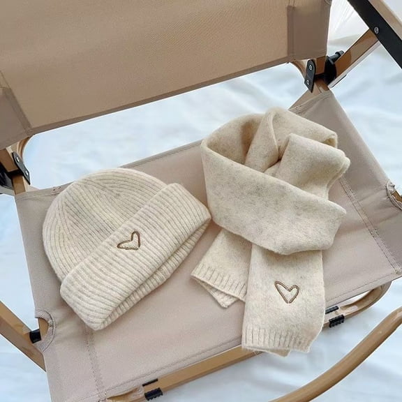 Okli_Rsoe Toddler Winter Knitted Fleece Lined Beanie Hat Scarf Set, White