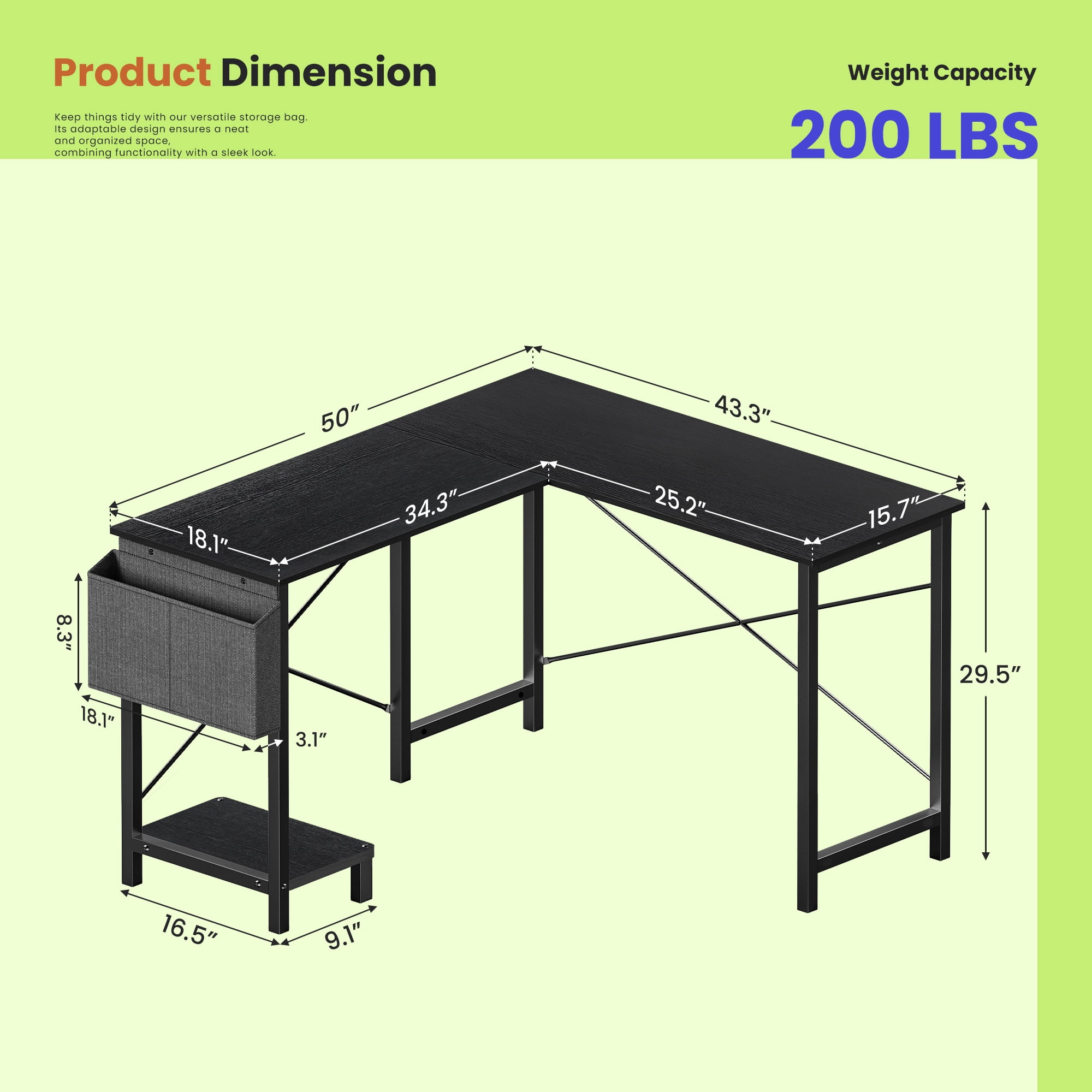 KPUY 49-Inch L Shaped Desk with CPU Stand Side Bag, Gaming Desk Home Office Desk for Home Office Dorm Sturdy Writing Workstation, Black