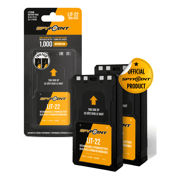 SPYPOINT LIT-22 Twin Pack - Rechargeable 7.4V Lithium Battery Pack for Trail Camera with 5.4 Amp-Hours and AC Charging Cable