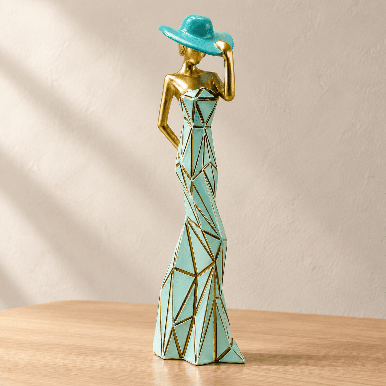 Modern Abstract Female Statue 10.83 Inch Woman Sculpture with Hat Geometric Art Figurine for Bookshelf Living Room Office Desk and Bedroom Decor Teal