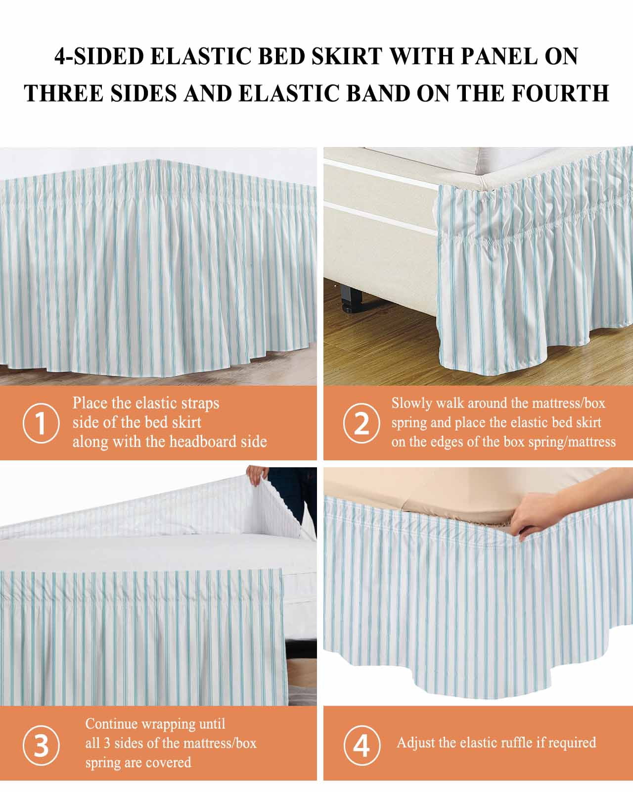 Blue Striped Wrap Around Bed Skirts for California King Bed 18" Drop,Bed Skirt with Adjustable Elastic Belt Dust Ruffle Bed Valance for Bedroom Hotel Blue White Stripes Farmhouse Bed Frame Cover