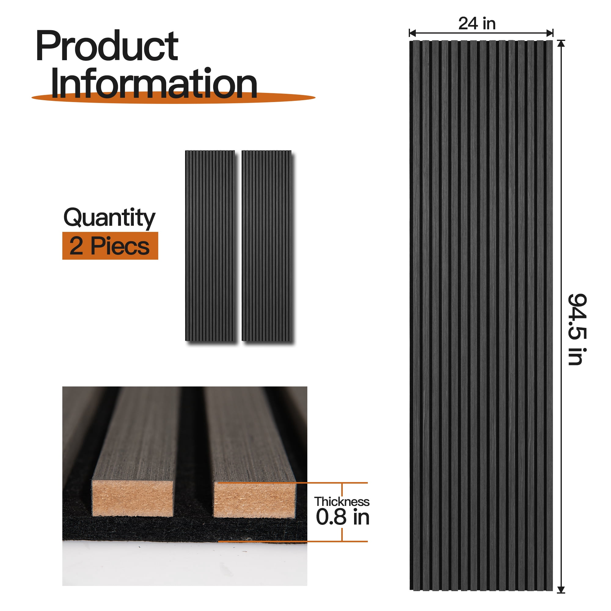 2PCS 24''x94.5'' Wood Slat Acoustic Wall Paneling for Interior and Ceiling Decor,31Sq.ft,Black Wood