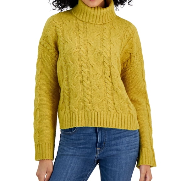 Pink Rose Womens Cable Knit Turtleneck Pullover Sweater, Yellow, Juniors, Large
