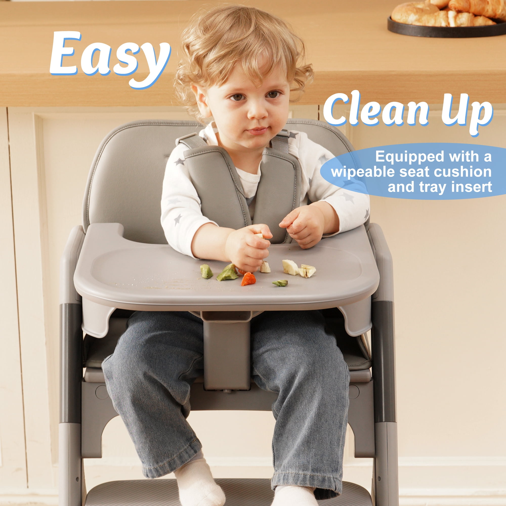 Babyeap 4in1 Convertible Baby High Chair, Transitions from Baby to Adult Stool, 8-Level Adjustable, Foldable, Removable Tray, Gray