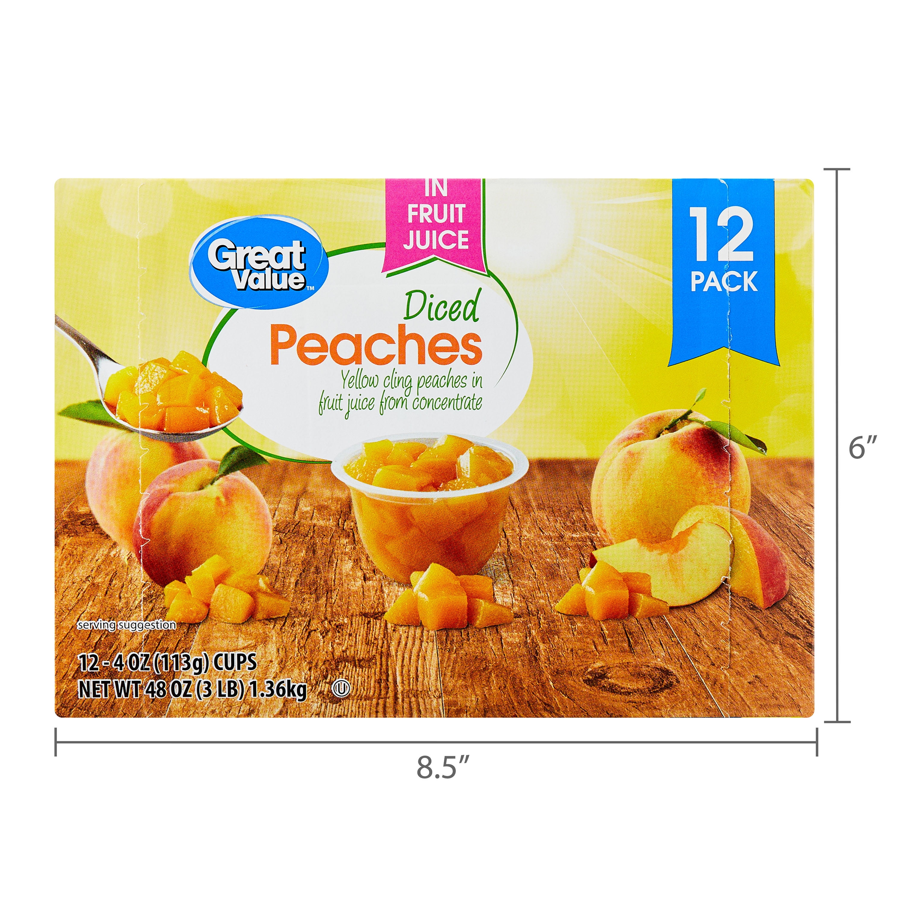 Great Value Diced Yellow Cling Peaches in Juice, 4 oz, 12 Pack