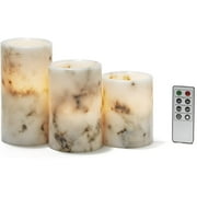 Marble Wax Flameless LED Candles - Set of Three - Battery Operated, 3 Inch Diameter, Assorted Pillar Candle Heights, Warm White Flickering Light - Timer, Remote Control & Batteries Included