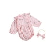 thumbnail image 3 of Baby Girls Floral Romper Button Down Ruffle Long Sleeve Bodysuit with Headband Fall Winter Outfit, 3 of 5
