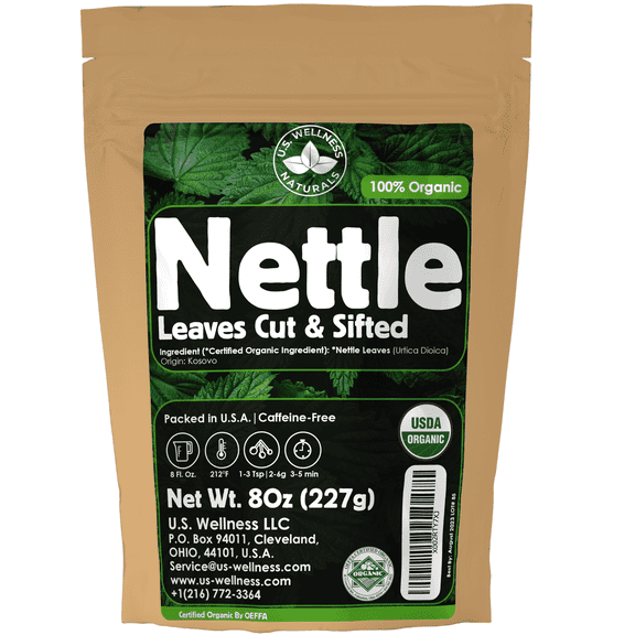 U.S. Wellness Organic Nettle Leaf Tea, Wild Harvest, Cut & Sifted Loose Leaf, Urtica dioica, 8 oz
