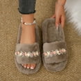 thumbnail image 2 of Womens Slippers Flat Heel Open Toe Slip-on House Warm Shoes Winter Casual Indoor Outdoor Home Warm Woolen Flats Slides for Couples Khaki 5.5, 2 of 10