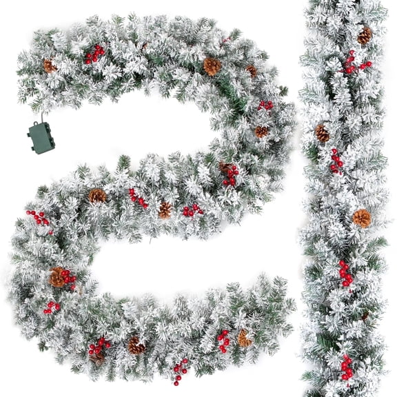 2Pack 9 ft Pre-Lit Christmas Garland, Snowy Flocked Garland Decorated for Outdoor Indoor Fireplace Mantel Door Railing Christmas Tree Xmas Holiday