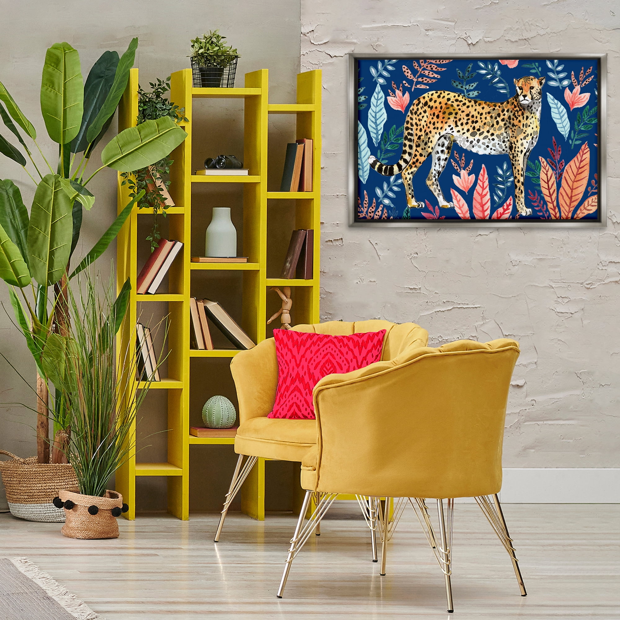 Stupell Industries Jungle Plants & Cheetah Animals Painting Gray Floater Framed Canvas Art Print Wall Art, 31 x 21