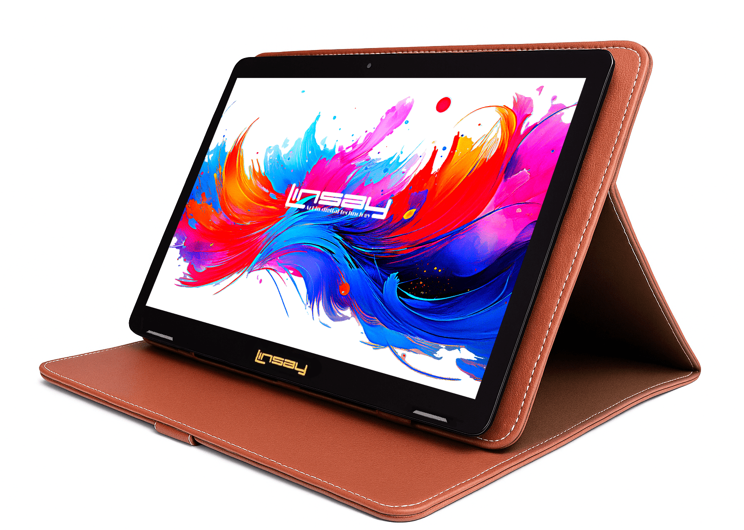 LINSAY 10.1" Octa Core 256GB Storage Android 15 Tablet with Brown Leather Case