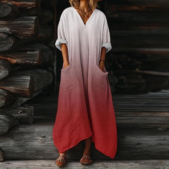 Elvqul 3/4 Sleeve Dress for Women V-Neck Summer Maxi Dress Pullover Gradient Asymmetrical Juniors Tank Dresses Pocket