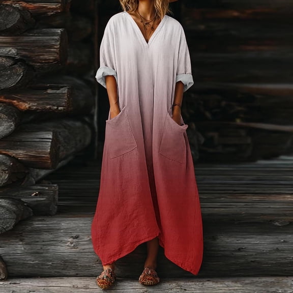 Ynynloco Women's Cotton Linen Maxi Dress V Neck Batwing Sleeve Oversized Loose Dress Kaftan Dress with Pocket