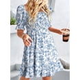 thumbnail image 4 of Womens Casual Summer Dresses Short Sleeve Square Neck Smocked Boho Floral Sundress Flowy A-Line Mini Dress  Blue S, 4 of 4