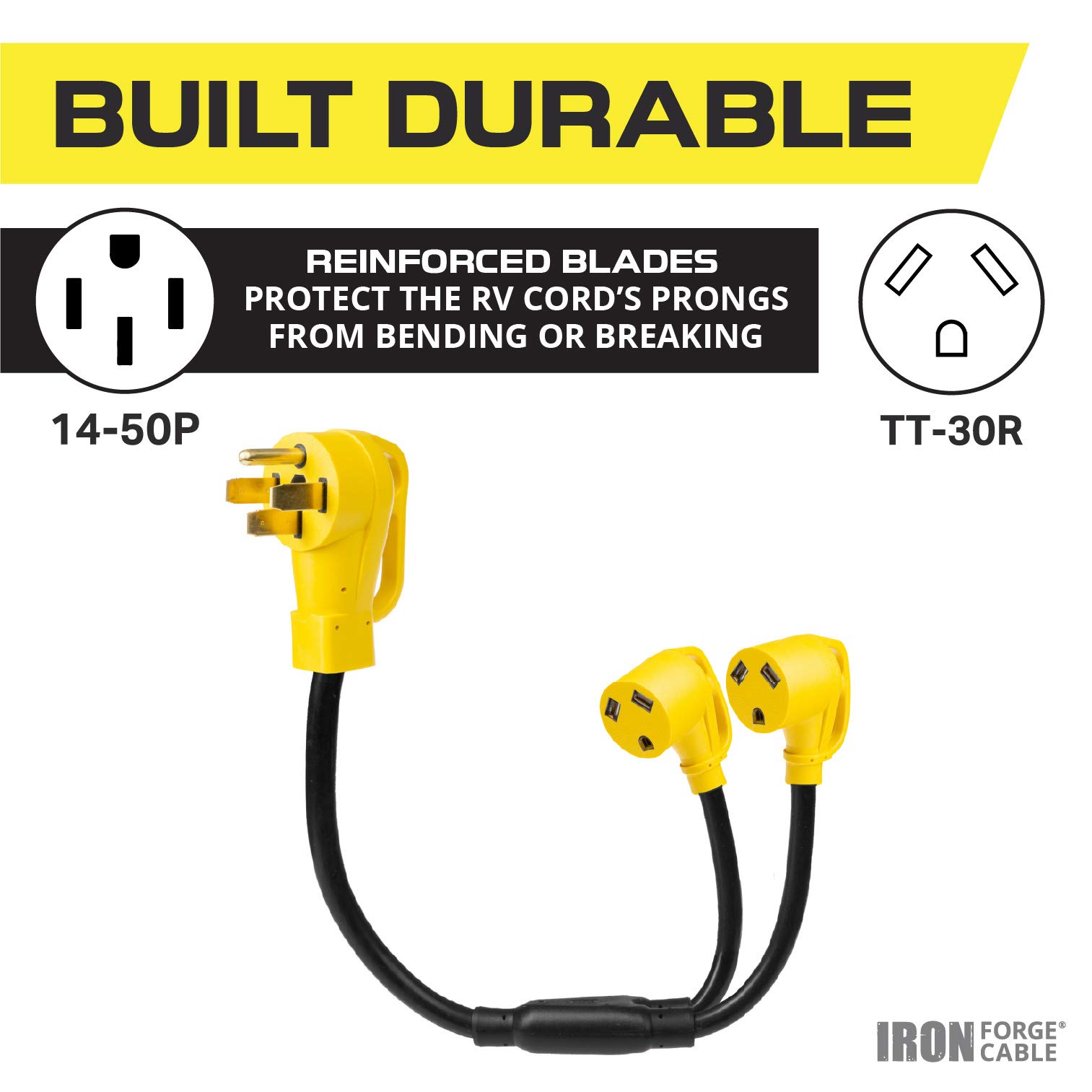 Iron Forge Cable RV Cord, Generator and RV Electrical Adapter Power Cord, 14-50P Male Plug to Two TT-30R Female, 2.5 Ft Plug Adapter - 10/4 STW Yellow