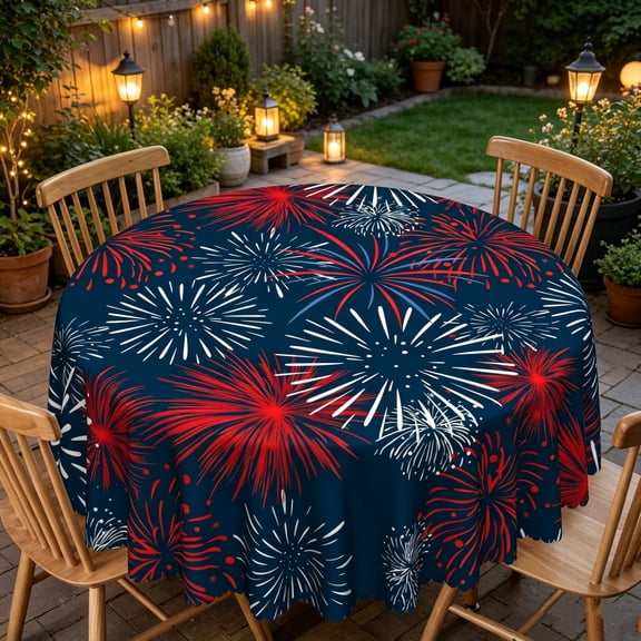 Miwamany 4th of July Tablecloth Round ,Patriotic Firworks Table Cloth American Independence Day Memorial Day Table Cover for Kitchen Party Dining Picnic Indoor Outdoor Decor