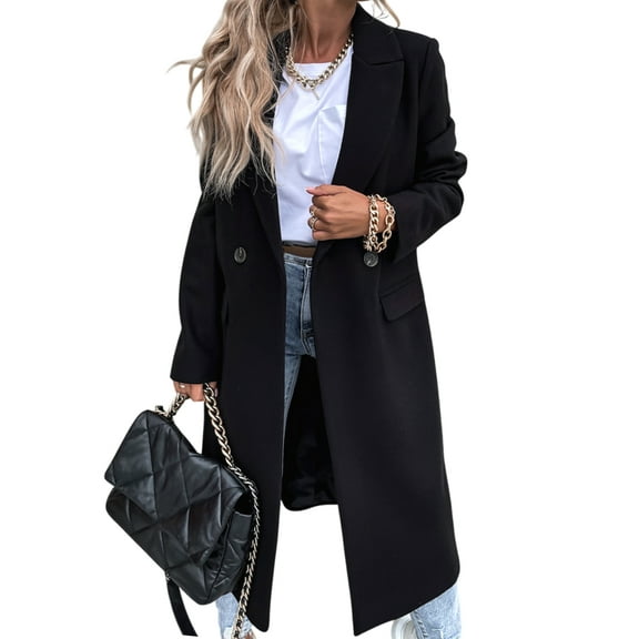 Women'S Winter Wool Coat Casual Lapel Single-Breasted Peacoat Black S