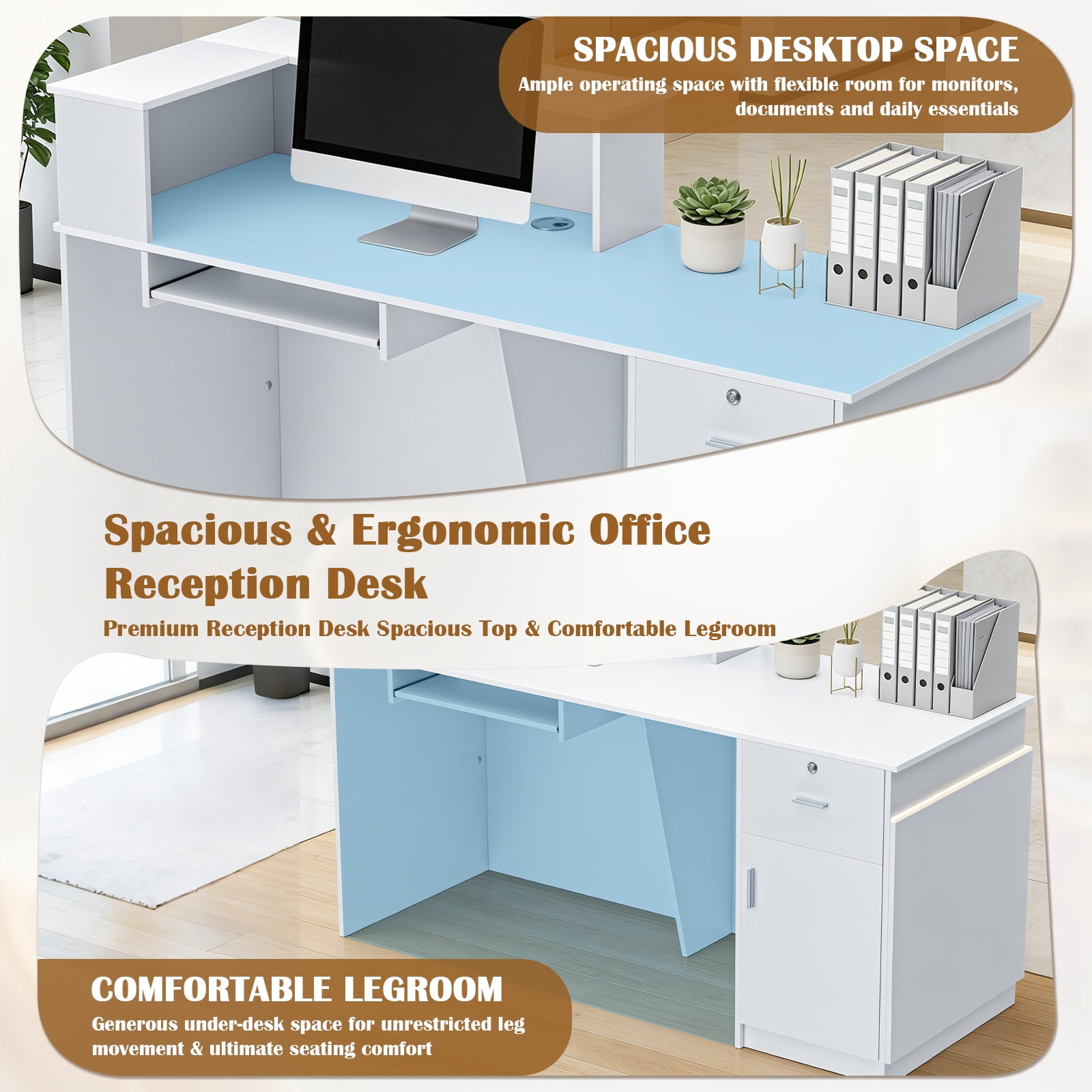 Vakiorn L Shaped Modern Wooden Commercial Reception Desk 63inch with Counter Shelves Drawers Light for Office Home White Left