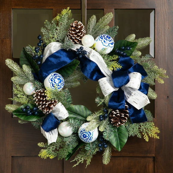 Northlight Frosted Pine with Blueberries, Bows and Ornaments Christmas Wreath - 24" - Unlit