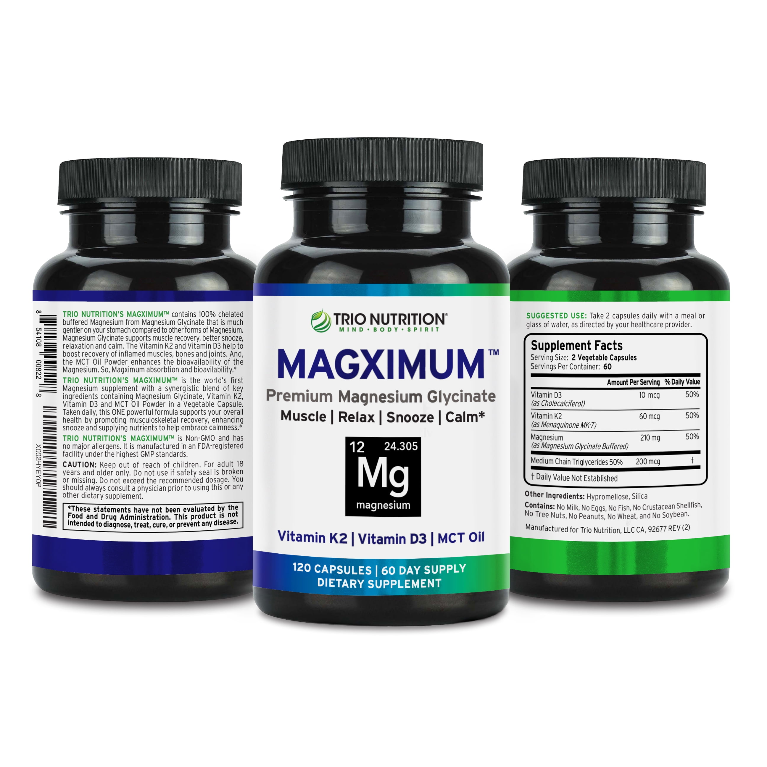 TRIO NUTRITION MagX Magnesium Glycinate, Vitamin D3, Vitamin K2 & MCT Oil | Chelated Magnesium Supplement | Calm, Relaxation & Recovery | Be Well Rested & Start Your Day with Magximum*