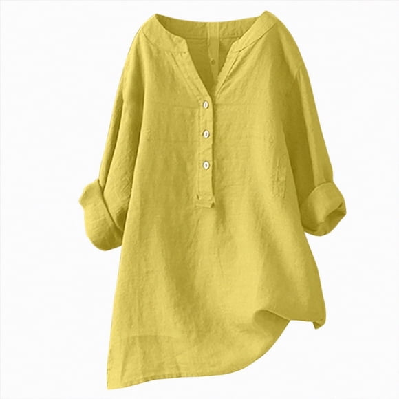 Splozh Womens Fashion Fall Clothes Loose Button Down Blouse Tops Stand Solid Sleeve Long Casual Women Shirt Women's Blouse Yellow,XL